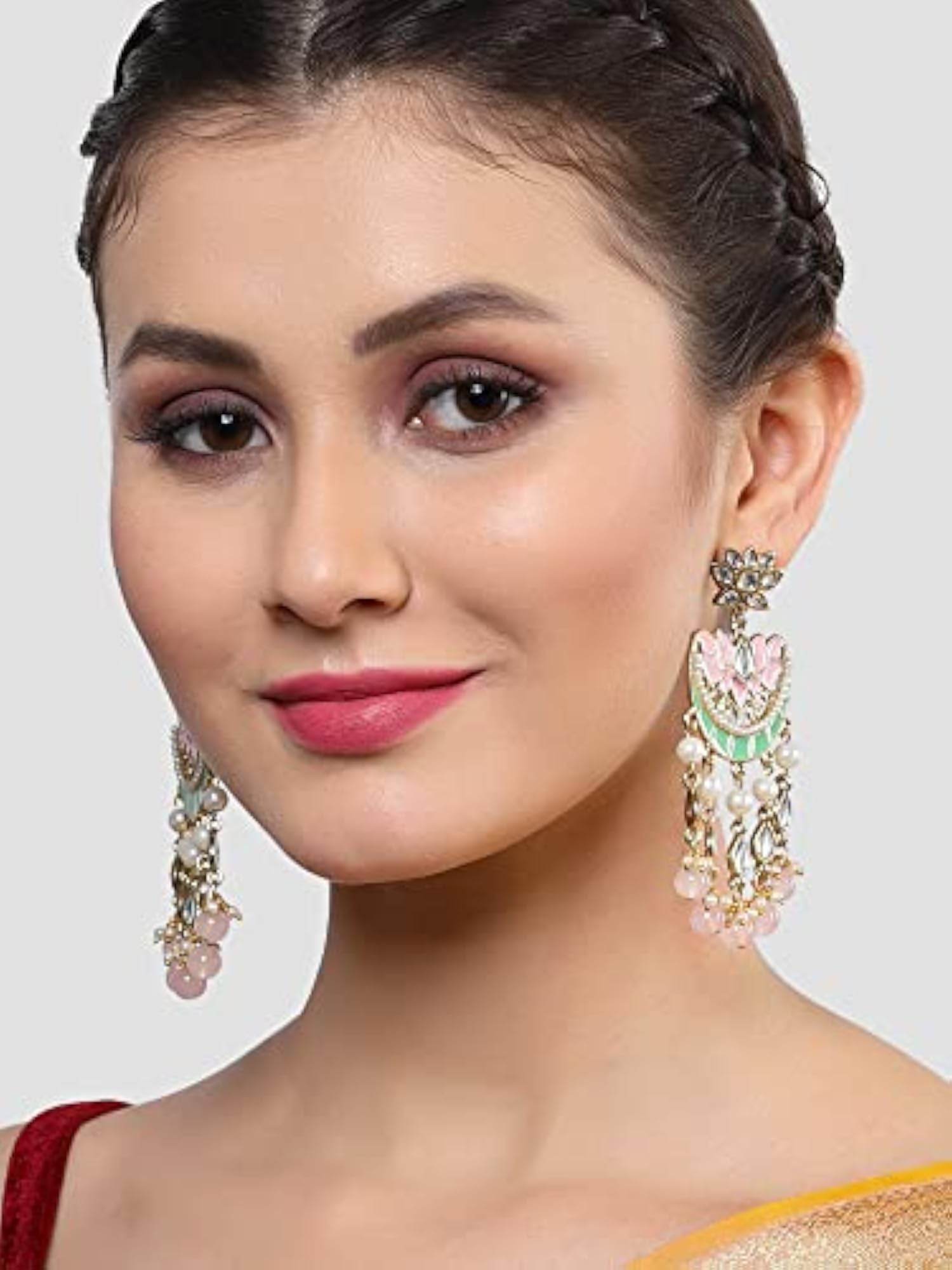 Plated Lime Green Meena Lotus Kundan Dangler Earrings